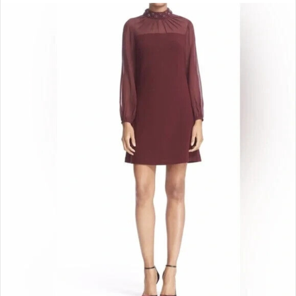 Ted Baker Casey Sheath Dress Womens Burgundy Long Sleeve Beaded Collar